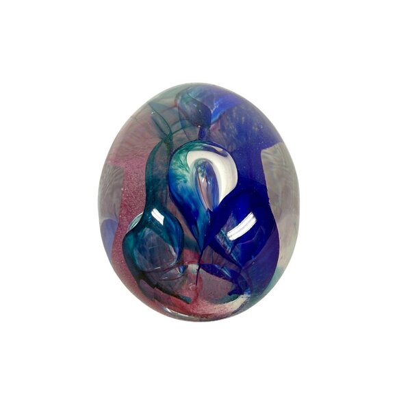 Vintage GES Glass Eye Studio Glass Egg Paperweight Signed GES 97 Blue Pink Swirl - Picture 4 of 7